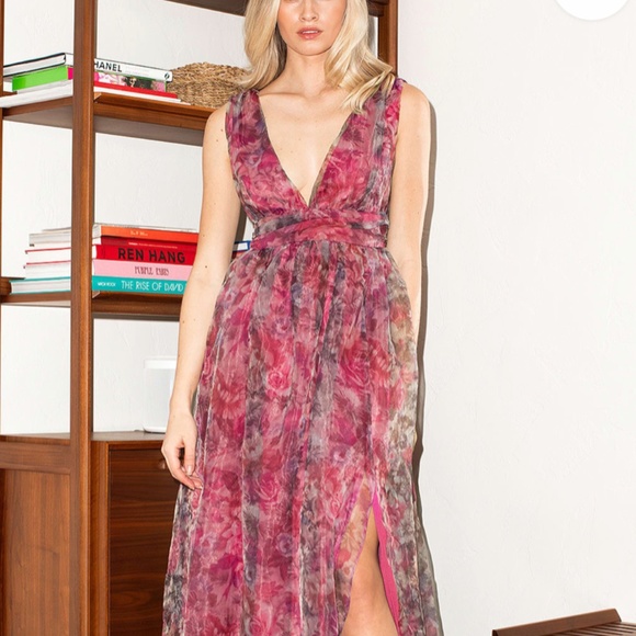 Garden Romance Magenta Floral Print Organza Maxi Dress Size Large NWT - Picture 1 of 13